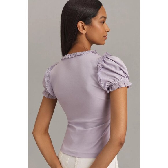 Maeve Anthropologie Puff-Sleeve Ruffle Henley Tee Blouse Top Ruffle XXS 280100 - Picture 2 of 7